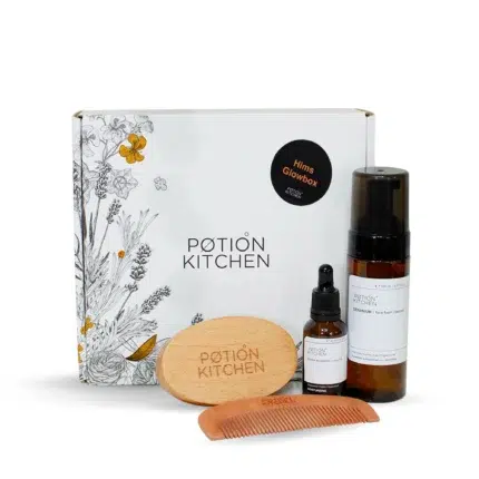 Potion Kitchen Hims gift set with Beard oil, beard comb and brush, and geranium facial cleanser for men.